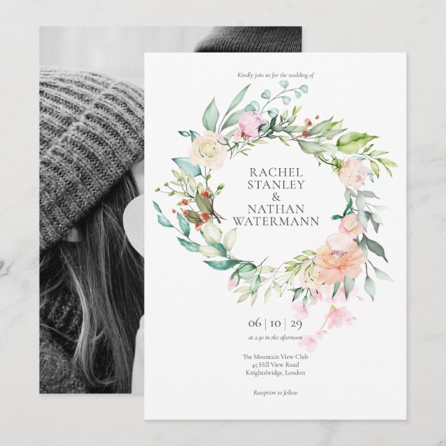 Elegant Watercolour Greenery Floral Photo Wedding Invitation (Front/Back)