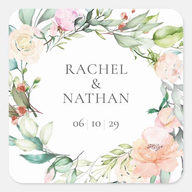 Elegant Watercolour Greenery Floral Wedding Favor Square Sticker (Front)