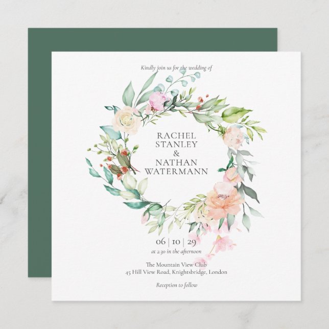 Elegant Watercolour Greenery Floral Wedding Invitation (Front/Back)