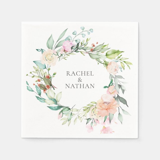 Elegant Watercolour Greenery Floral  Wedding Napkins (Front)