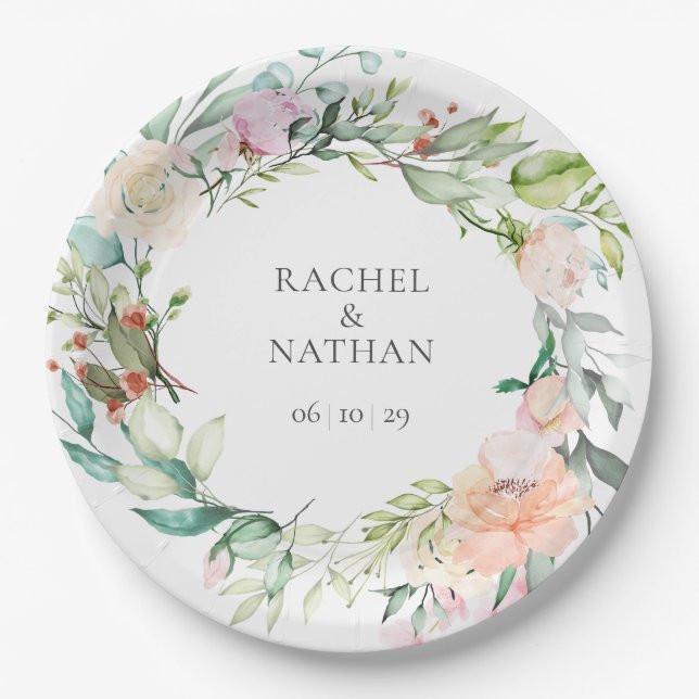 Elegant Watercolour Greenery Floral  Wedding Paper Plates (Front)