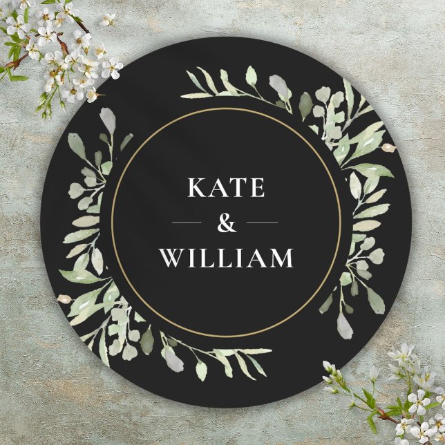 Elegant Watercolour Greenery Wedding Black Favor Classic Round Sticker (Elegant Watercolour Greenery Wedding Black Favor Classic Round Sticker)