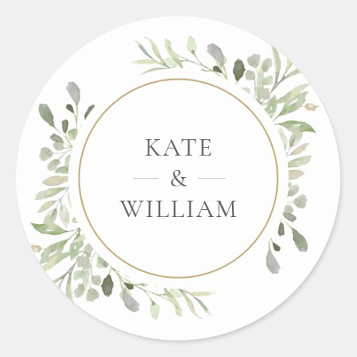 Elegant Watercolour Greenery Wedding Gold Favor Classic Round Sticker