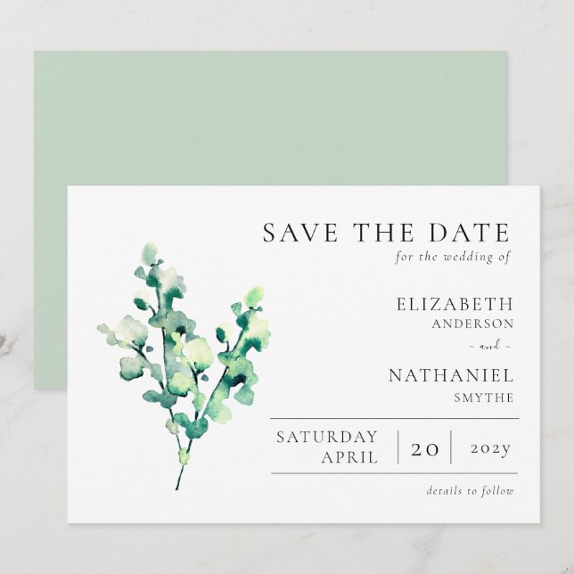 Elegant Watercolour Greenery Wedding  Save The Date (Front/Back)