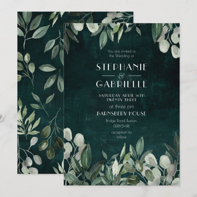 Elegant watercolour leaf botanicals hunter green invitation (Front/Back)