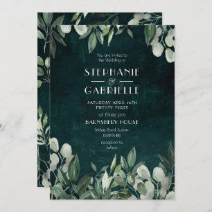 Elegant watercolour leaf botanicals hunter green invitation