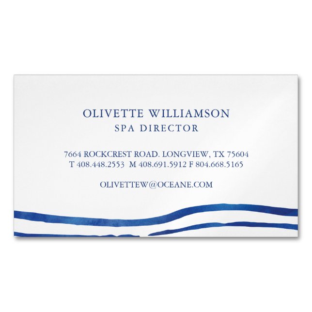 Elegant Watercolour Ocean Waves Navy Blue Business Card Magnet (Front)