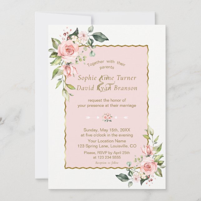 Elegant Watercolour Pink Blush Floral Wedding Invitation (Front)