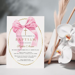 Elegant Watercolour Pink Bow Gold Girl Baptism Invitation