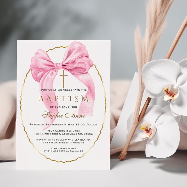 Elegant Watercolour Pink Bow Gold Girl Baptism  Invitation (Creator Uploaded)