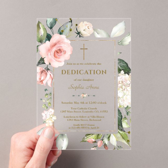 Elegant Watercolour Pink Cream Flowers Dedication Acrylic Invitations (Insitu (Handheld))