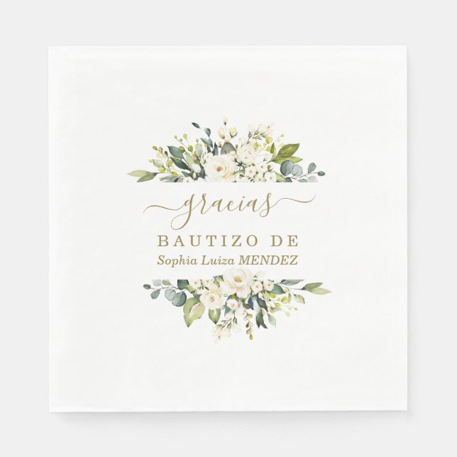 Elegant Watercolour White Flowers Spanish Bautizo Napkins (Front)