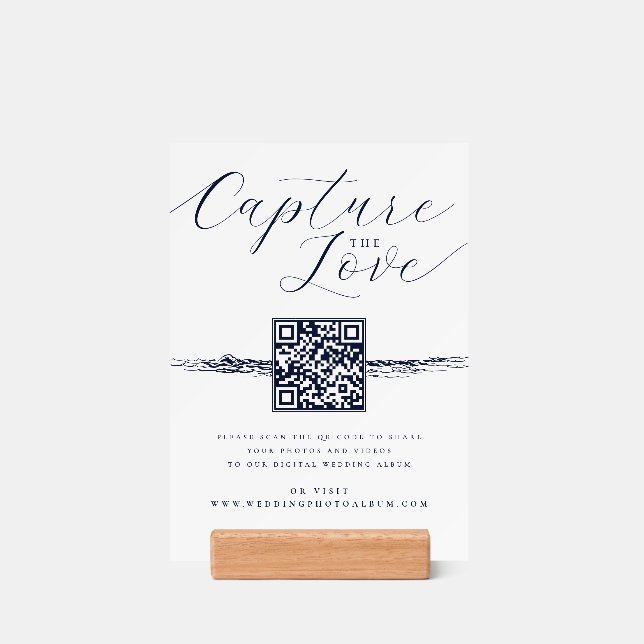 Elegant Wave Capture the Love Wedding QR Code Holder (Woodblock)