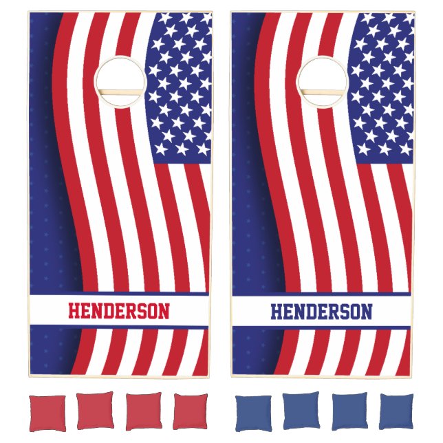 Elegant Wavy American Flag with Personalized Name  Cornhole Set (Set)