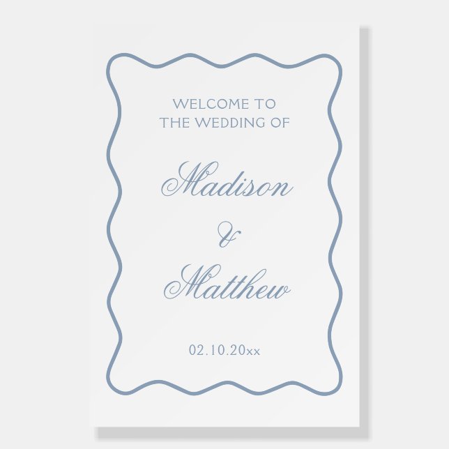 Elegant Wavy Dusty Blue Wedding Welcome Foam Board (Front)