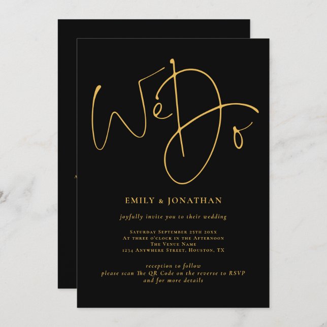 Elegant We Do Golden Script QR Code Black Wedding Invitation (Front/Back)