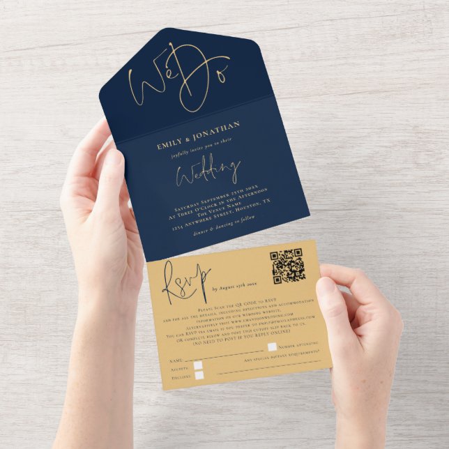 Elegant We Do QR Code Navy Gold Wedding All In One Invitation (Tearaway)