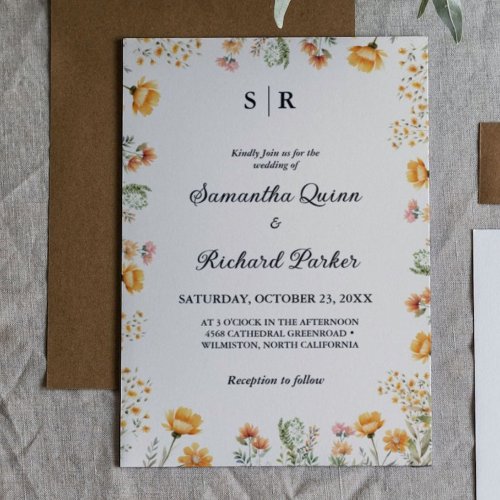 Elegant Weadow Wildflower monogram Wedding Invitation
