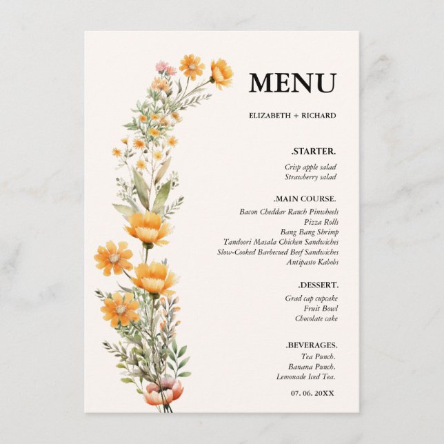Elegant Weadow Wildflower wedding Bridal Shower Menu (Front)