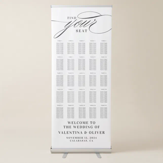 Elegant Wedding 25 Table Seating Chart Retractable Banner | Zazzle