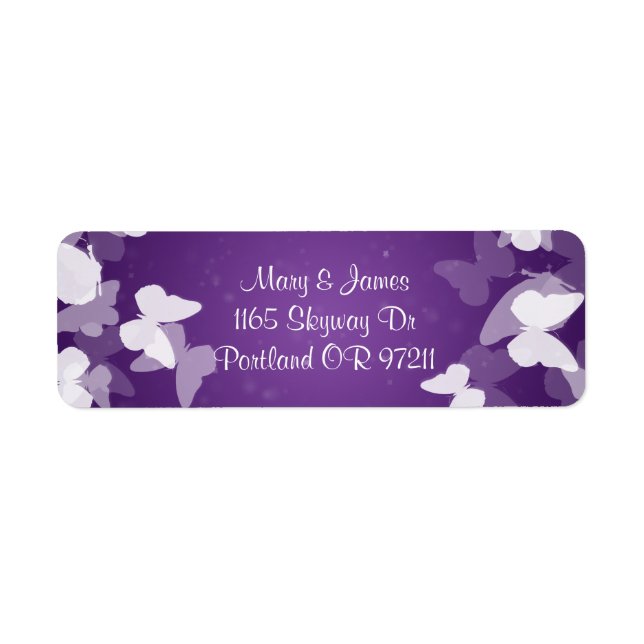 Elegant Wedding Address Elusive Butterflies Purple Label (Front)