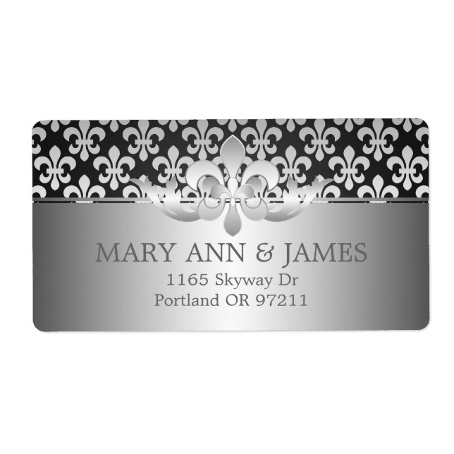 Elegant Wedding Address Fleur De Lis Black Label (Front)