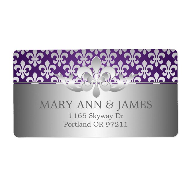 Elegant Wedding Address Fleur De Lis Purple Label (Front)