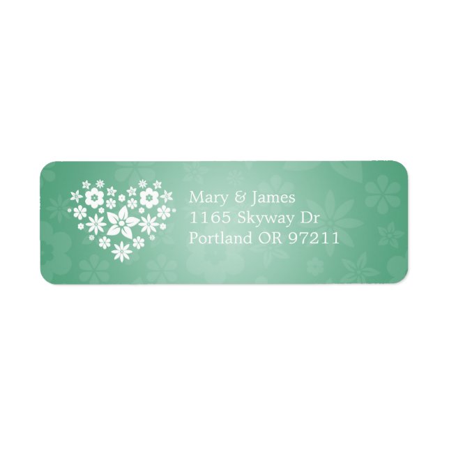 Elegant Wedding Address Flowery Heart Mint Green Label (Front)