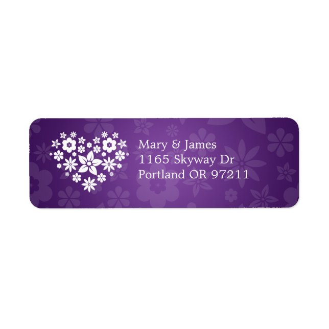 Elegant Wedding Address Flowery Heart Purple Label (Front)