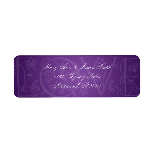 Elegant Wedding Address Love Flourish Purple Label (Front)
