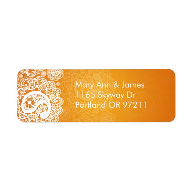 Elegant Wedding Address Paisley Lace Orange Label (Front)