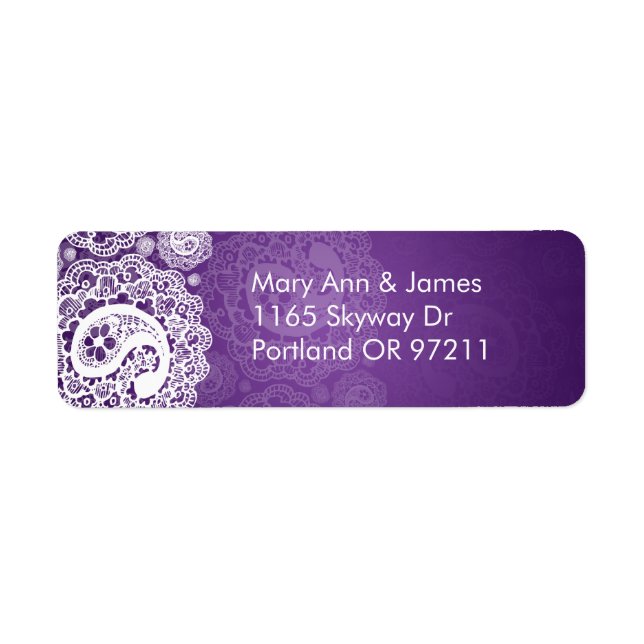 Elegant Wedding Address Paisley Lace Purple Label (Front)