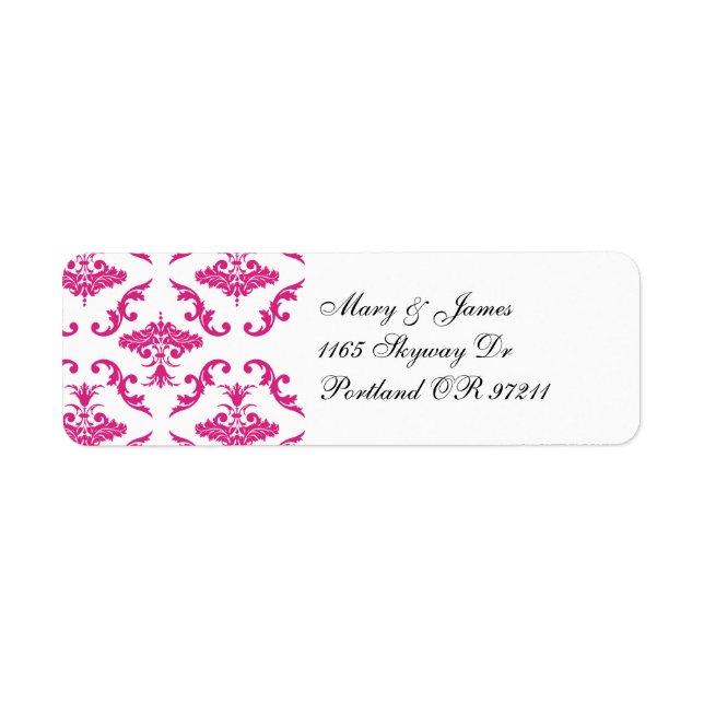 Elegant Wedding Address Pink Damask Label (Front)