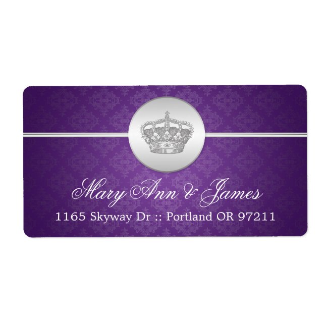 Elegant Wedding Address Royal Crown Purple Label (Front)