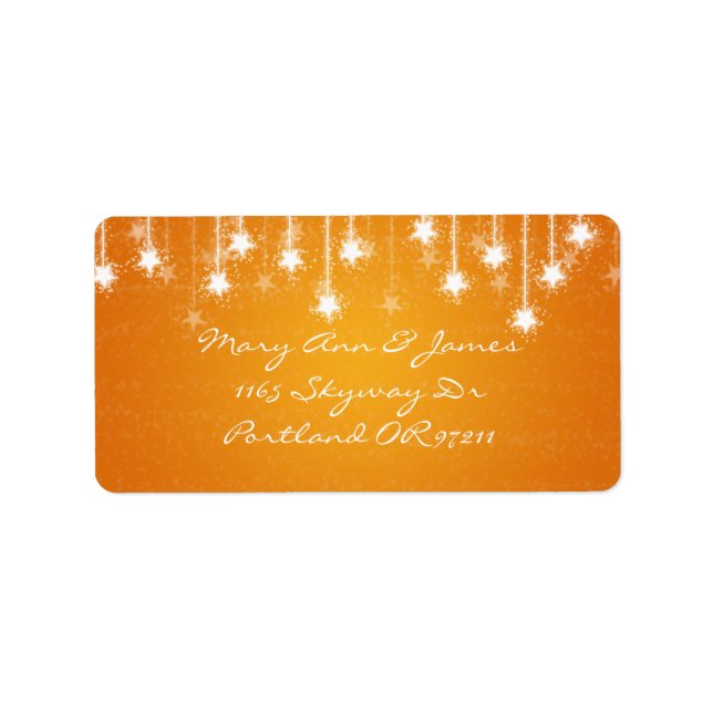 Elegant Wedding Address Shimmering Stars Orange Label (Front)