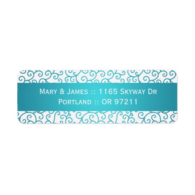 Elegant Wedding Address Swirls Pattern Aqua Blue Label (Front)