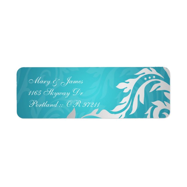 Elegant Wedding Address Swirly Flourish Aqua Blue Label (Front)