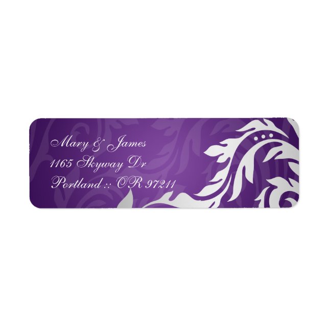 Elegant Wedding Address Swirly Flourish Purple Label (Front)