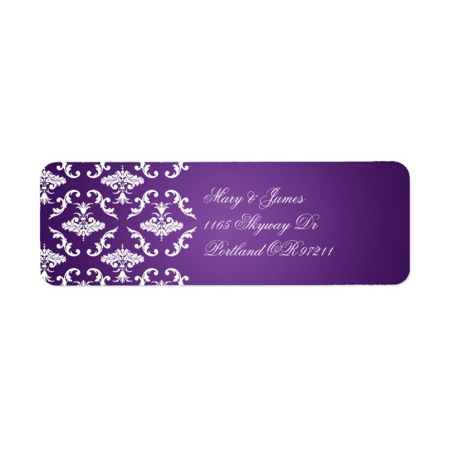 Elegant Wedding Address Vintage Damask Purple Label (Front)