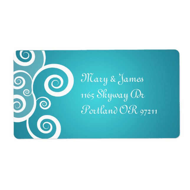 Elegant Wedding Address White Swirls Blue Label (Front)