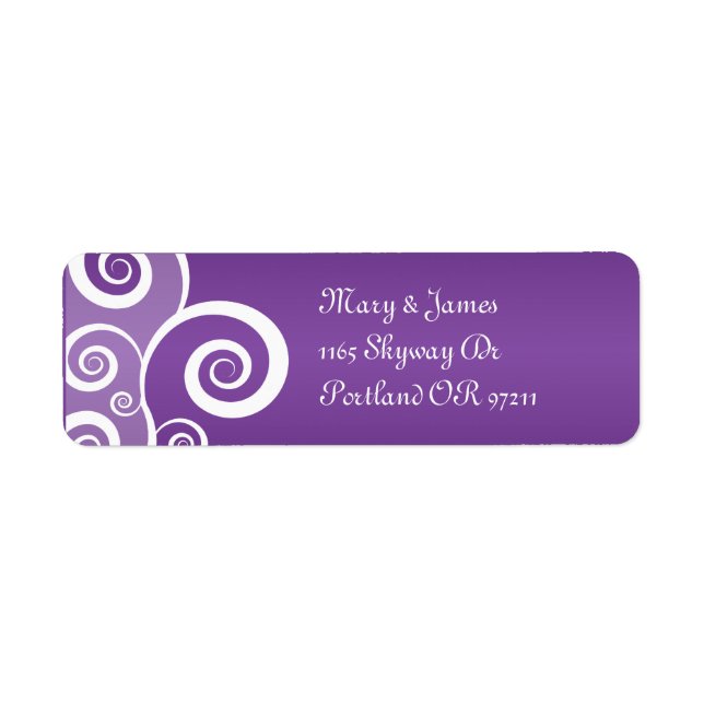 Elegant Wedding Address White Swirls Purple Label (Front)