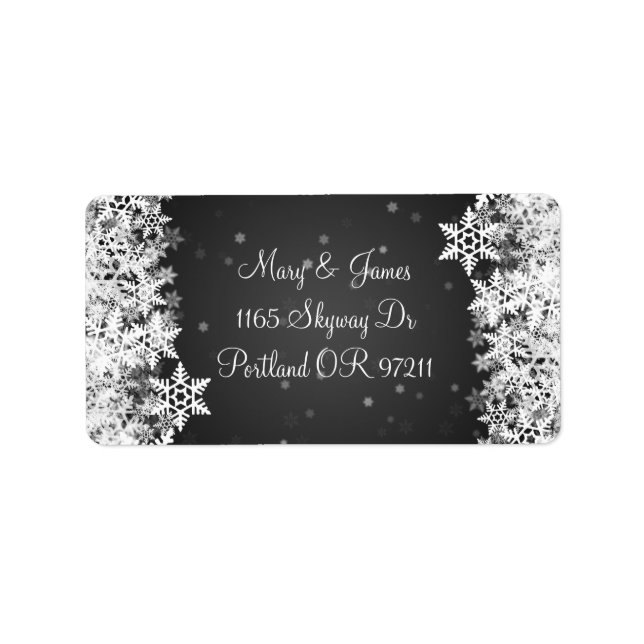 Elegant Wedding Address Winter Snowflakes Black Label (Front)
