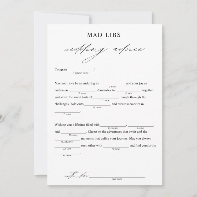 Elegant Wedding Advice Bridal Libs Game Invitation (Front)
