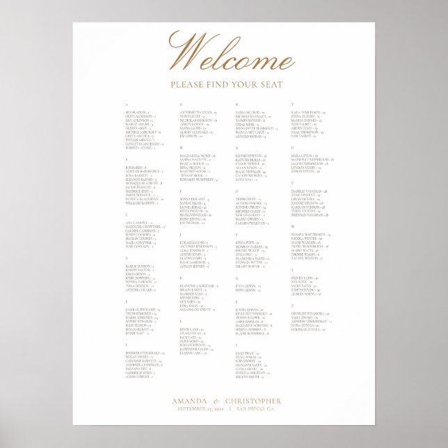 Elegant Wedding Alphabetical Seating Chart Poster (Front)
