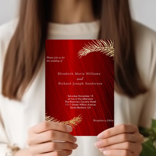 Elegant Wedding and RSVP Ruby Red Gold Leaves  Foil Invitation Postcard
