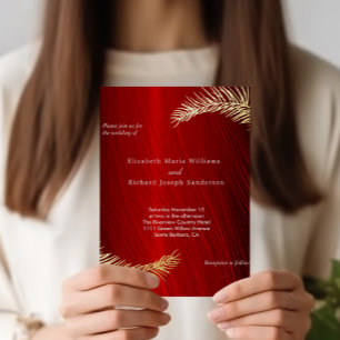 Elegant Wedding and RSVP Ruby Red Gold Leaves Foil Invitation Postcard
