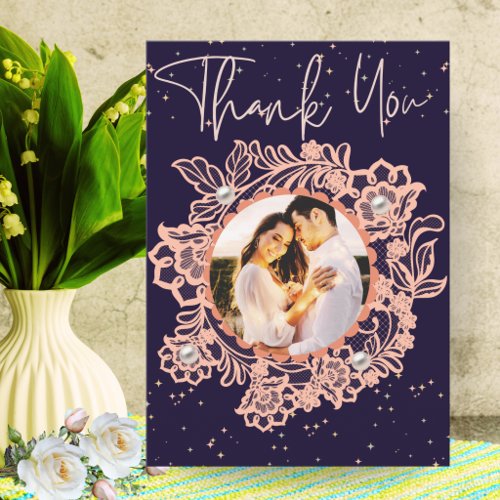 Elegant Wedding Anniversary Floral Photo Couple  Thank You Card