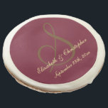 Elegant Wedding Anniversary Monogram Save the Date Sugar Cookie<br><div class="desc">Custom, personalized, beautiful, elegant faux gold typography / script on dark maroon, chic, monogrammed individually wrapped freshly baked photo sugar cookies glazed in white chocolate flavored icing. They are made the same day they ship and stay fresh for up to 2 weeks. Perfect for goodie bags at weddings. To customize,...</div>