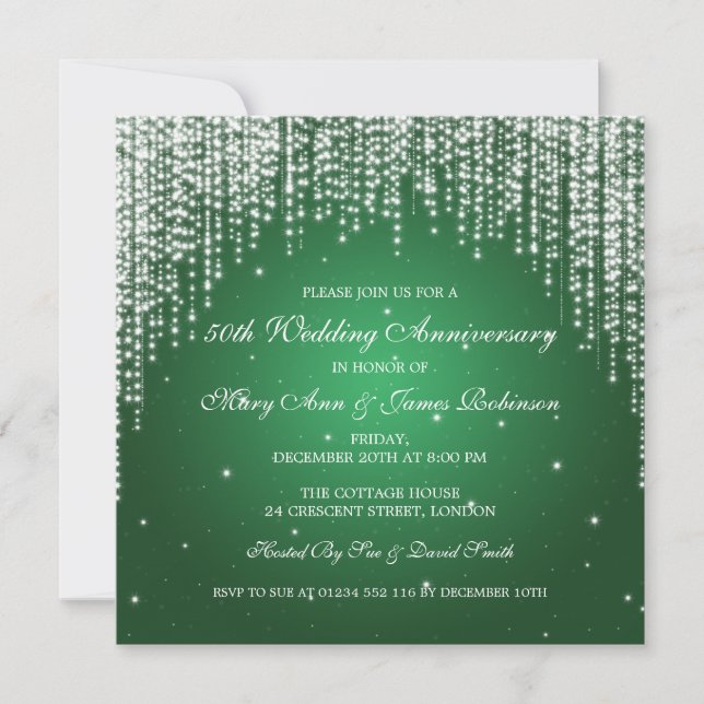 Elegant Wedding Anniversary Night Dazzle Green Invitation (Front)