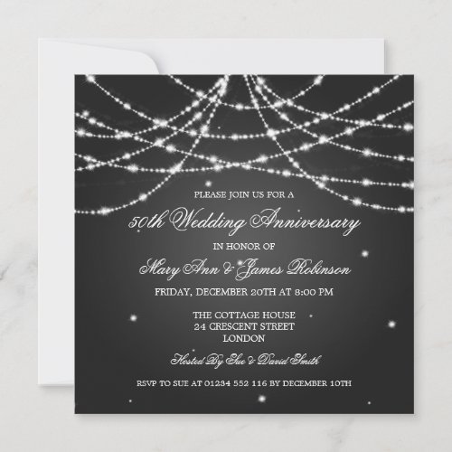 Elegant Wedding Anniversary String Of Stars Black Invitation